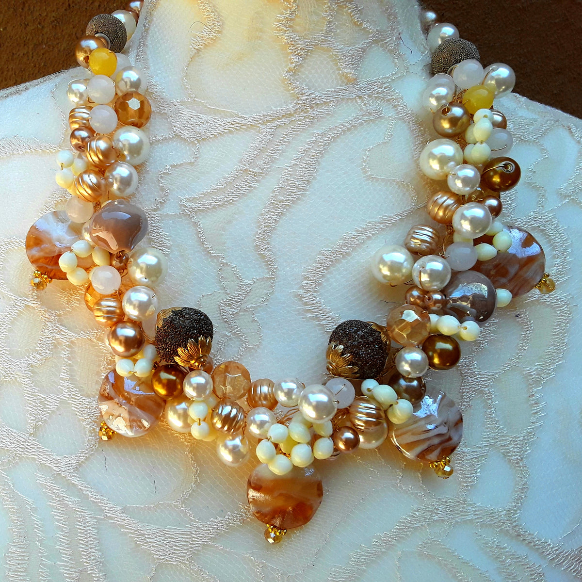 Unique Murano Glass & Pearl Bridal Statement Necklace, Pearl Artisan Cluster Collar