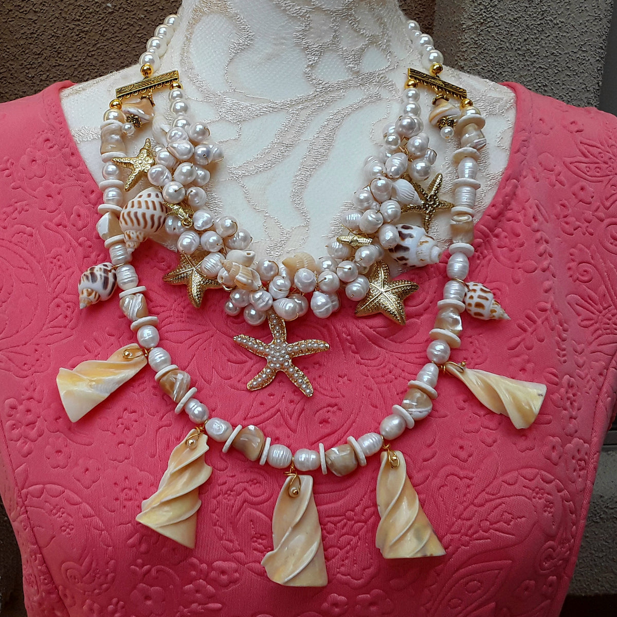 Chunky Pearl and Shell Multi-Strand Statement Necklace, Summer Gift for Her