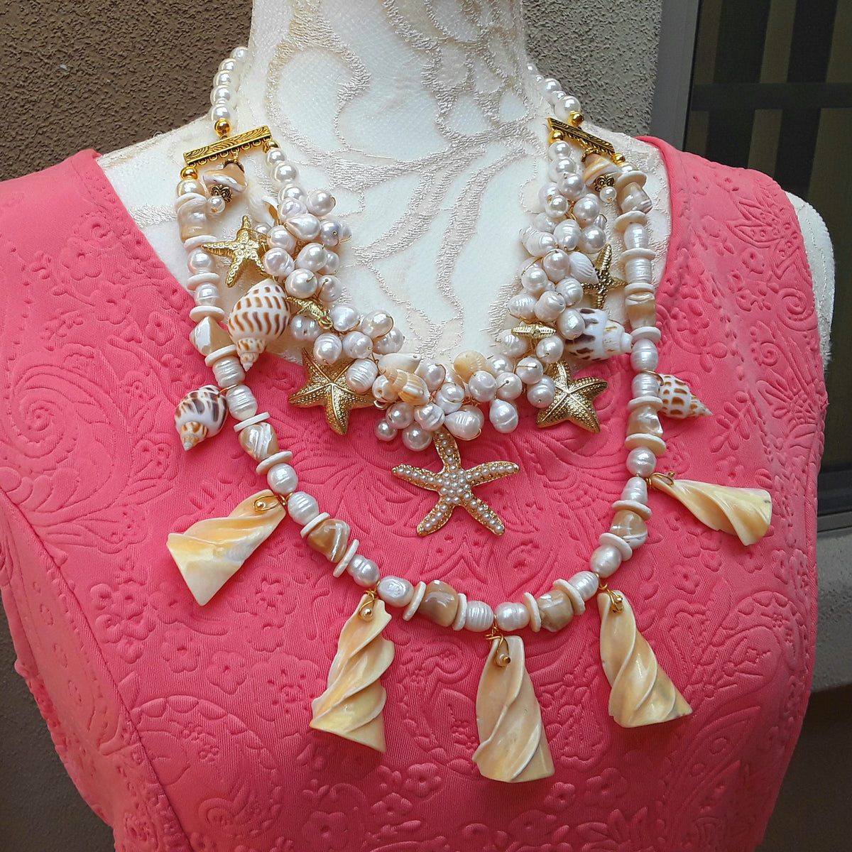 Chunky Pearl and Shell Multi-Strand Statement Necklace, Summer Gift for Her