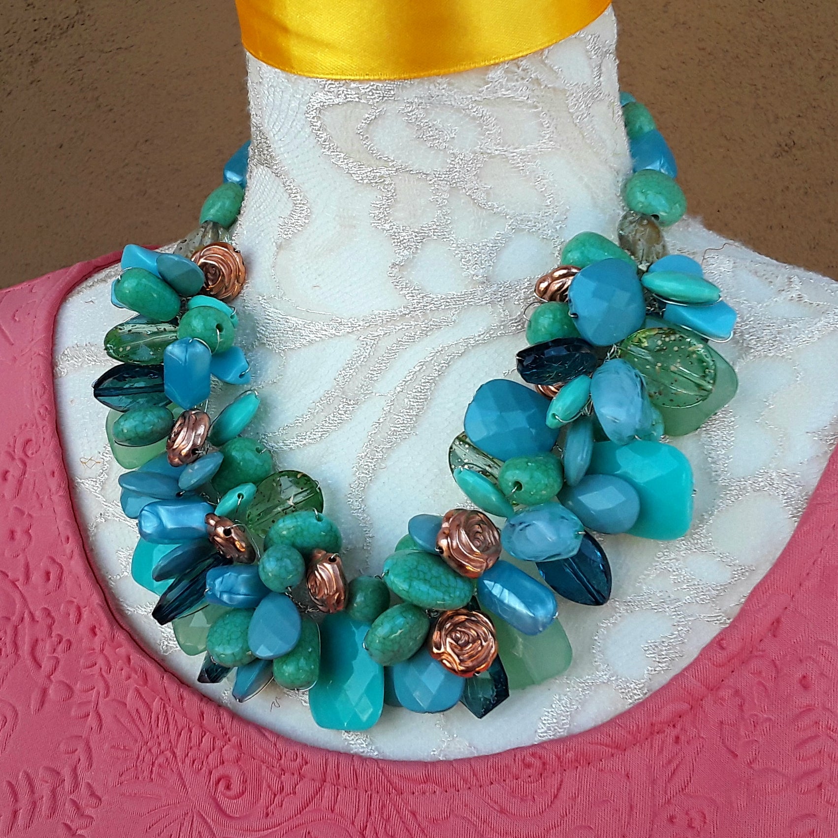 Teal Crackle & Pink Necklace, multi strand colorful jewelry, big beade –  Polka Dot Drawer