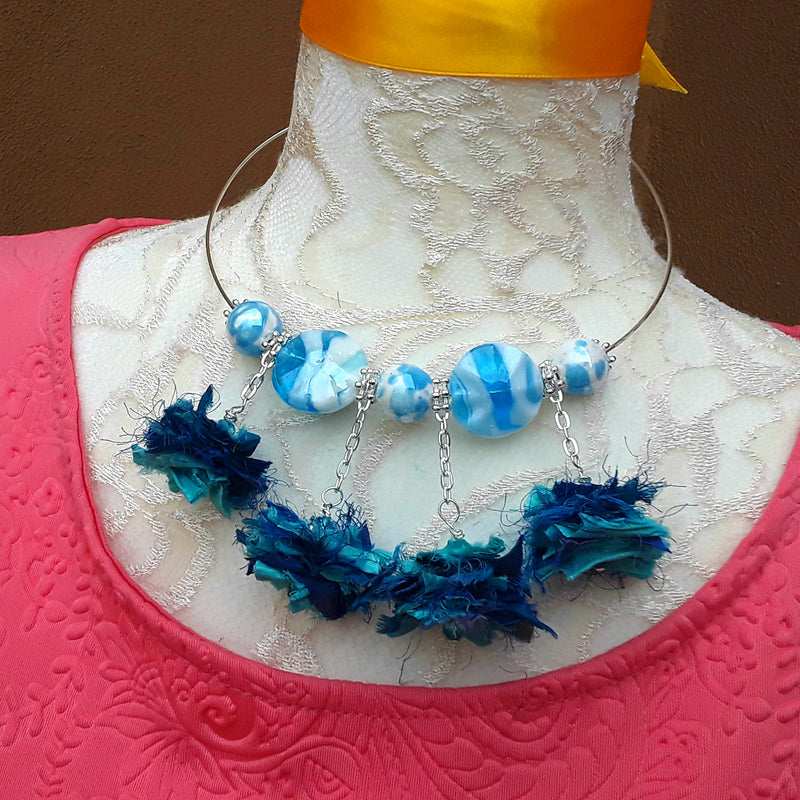 Boho Blue Sari Silk and Murano Glass Statement Wire Choker - Unique Gift for Her