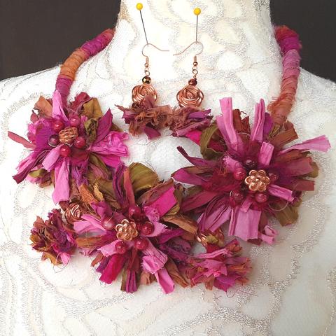 Boho Mauve Sari Silk Flower Statement Necklace - Unique Colorful Fabric Jewelry Gift for Her
