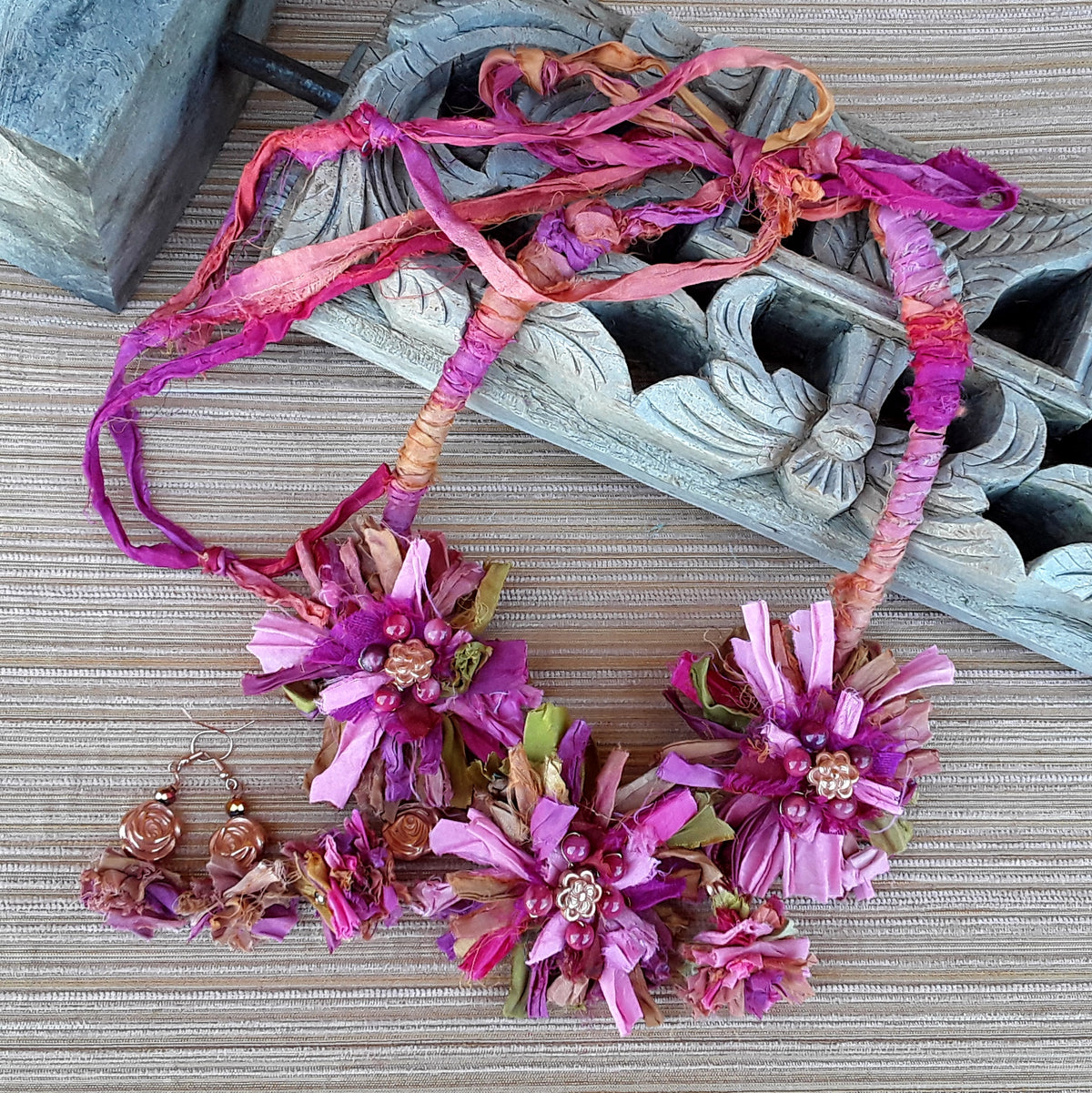 Mauve Boho Sari Silk Flower Statement Necklace - Unique Colorful Fabric Jewelry Gift for Her