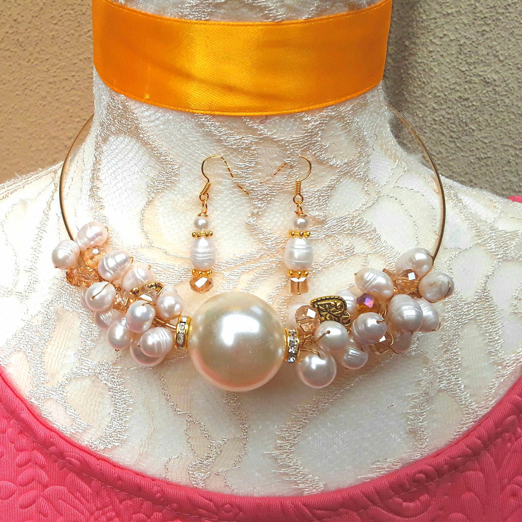 Modern Cluster Twisted Wire Freshwater Pearl Choker Set - Unique Pearl Gift for Her