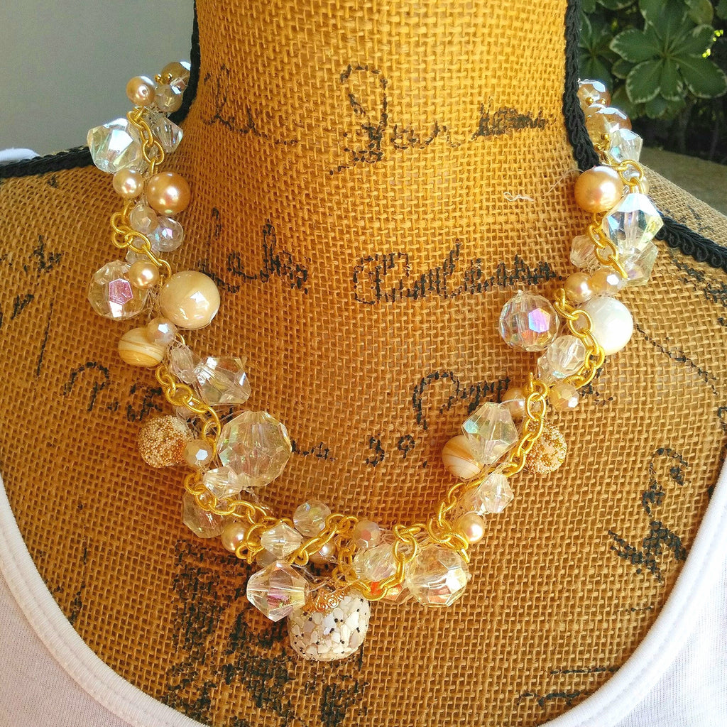 Crystal & Pearl Bridal Crocheted Artisan Statement Necklace, Unique Multi-Strand Collar