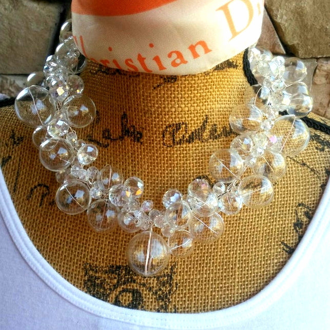 Hand Blown Glass & Crystal Chunky Wire Statement Necklace - Unique Bubble Bib Gift for Her