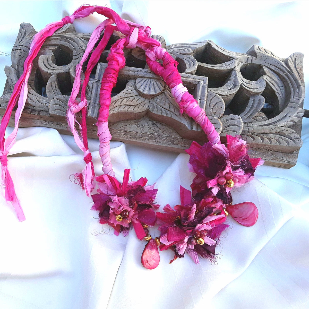 Boho Pink Sari Silk Flower Statement Necklace - Gypsy Style Gift for Her