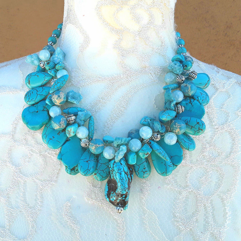 Chunky Real Turquoise Statement Necklace, Mother of the Bride Bib