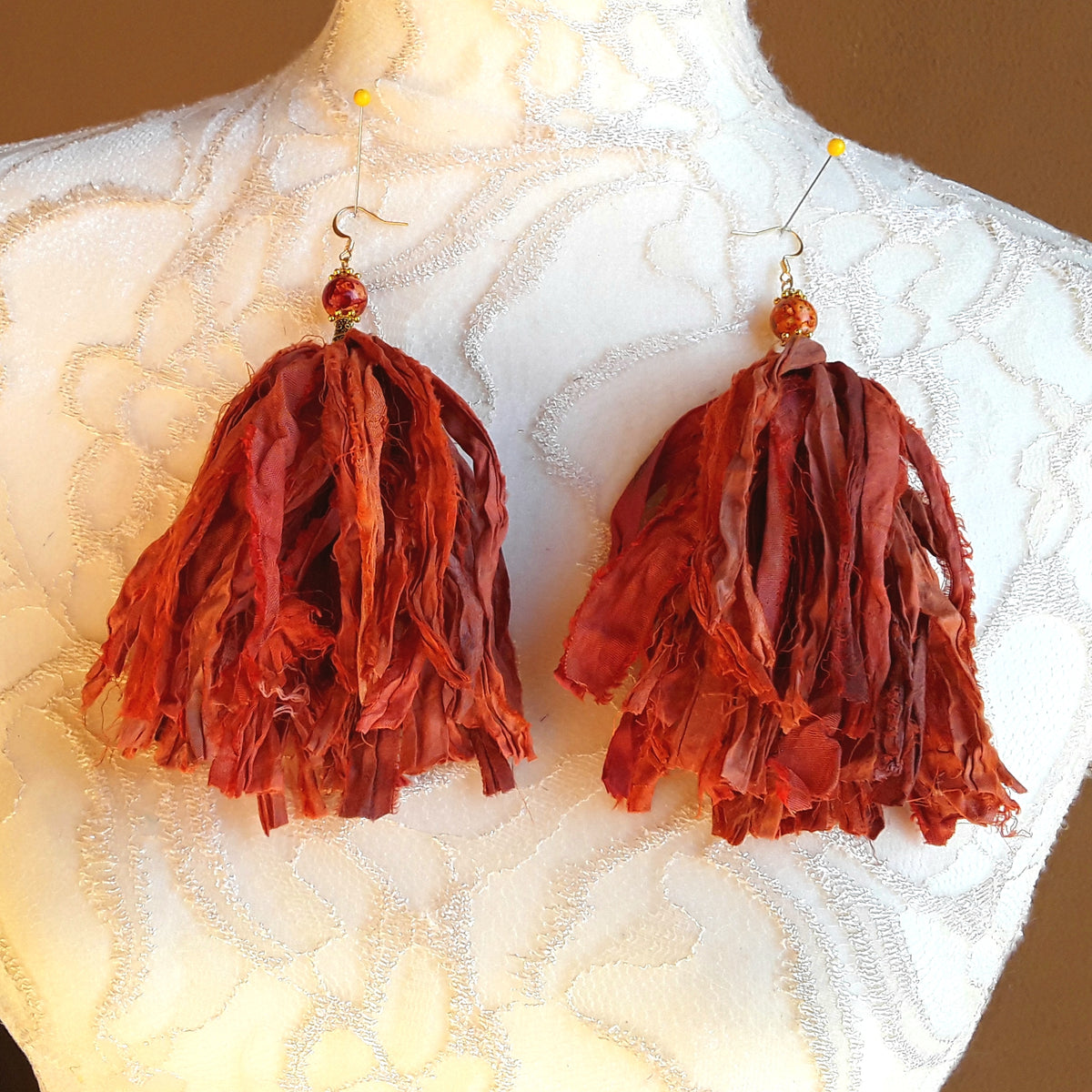 Burnt Orange Sari Silk Ribbon Huge Boho Tassel Statement Earrings