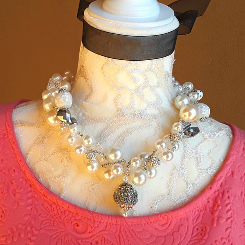 Unique Designer Inspired Pearl Bridal Statement Necklace - Chunky Artisan Gift for Her