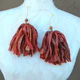 Burnt Orange Sari Silk Ribbon Huge Boho Tassel Statement Earrings