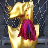 Fuchsia  Sari Silk Ribbon Fuzzy Huge Boho Tassel Statement Earrings