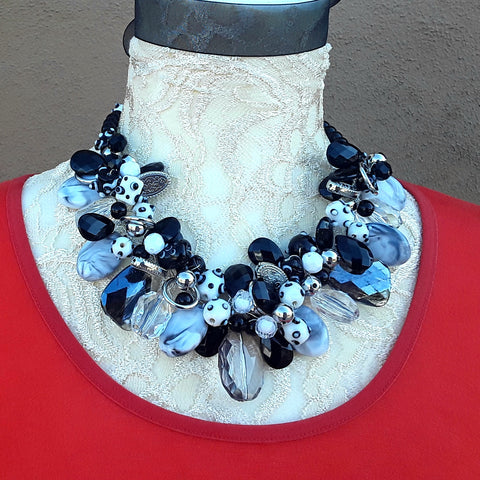 Unique Black and White Designer Inspired Wire Statement Necklace - Mother of the Bride Collar