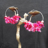 Fuschia Sari Silk Ribbon Huge Boho Gold or Silver Hoop Statement Earrings