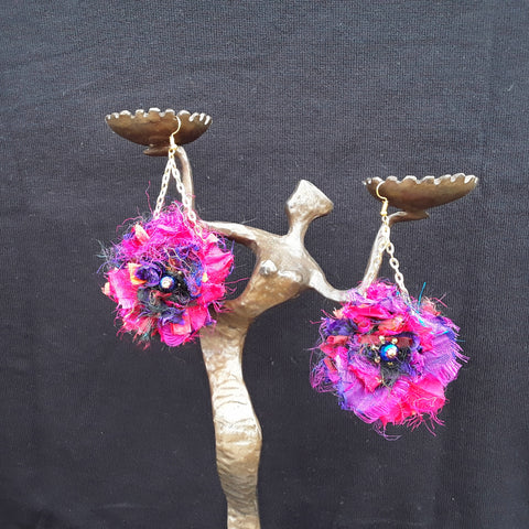 Jewel Tone Sari Silk Ribbon Dangle Flower Statement Earrings - Boho Fabric Earrings
