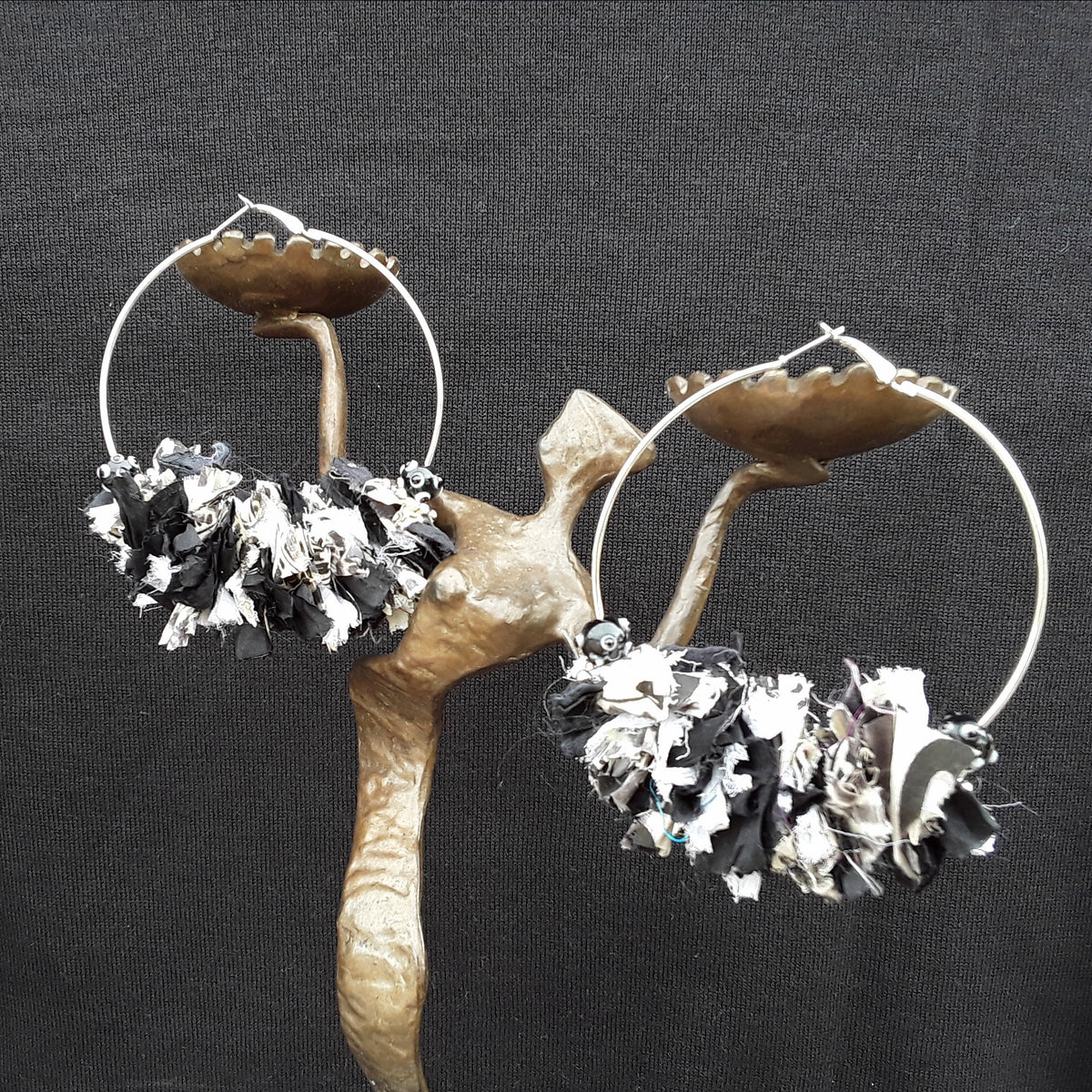 Black and White  Huge Hoop Silver Statement Earrings - Sari Silk Boho Fabric Earrings