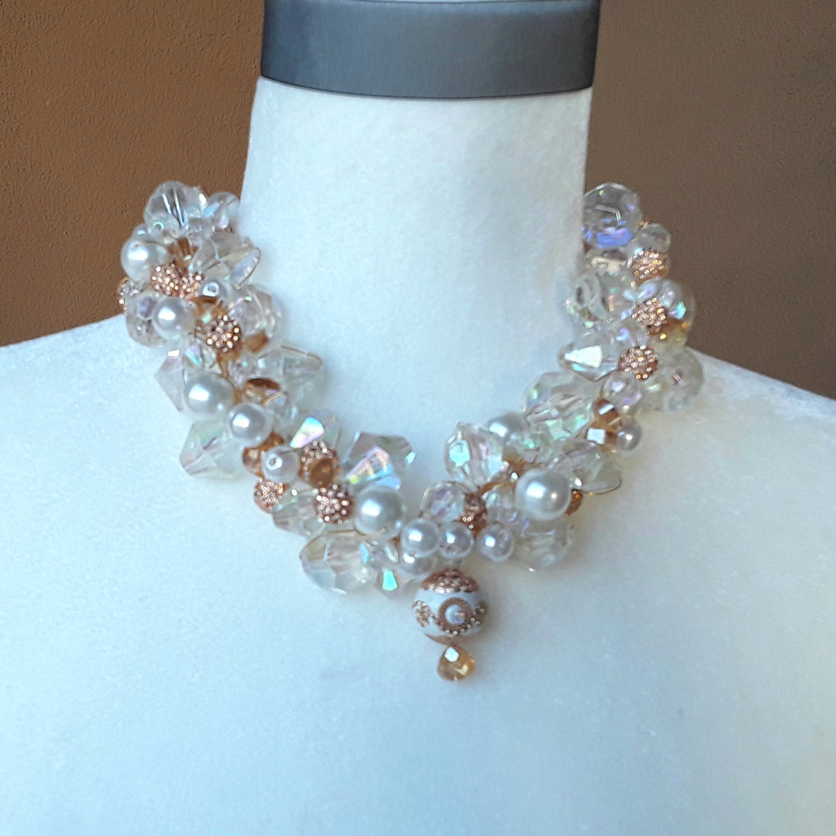 Pearl & Crystal Chunky Twisted Wire Statement Necklace, Wedding Jewelry, Holiday Party Gift