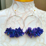 Violet Sari Silk Ribbon Huge Hoop Silver Plated Statement Earrings - Boho Fabric Earrings