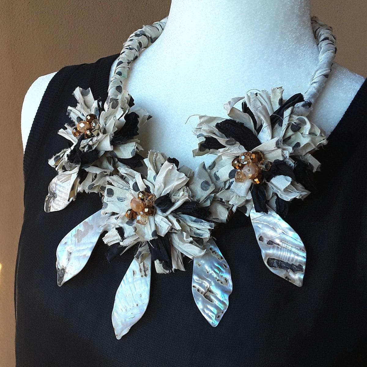 Boho Shell Black  and White Sari Silk Flower Statement Necklace - Unique Colorful  Gypsy Style Gift for Her