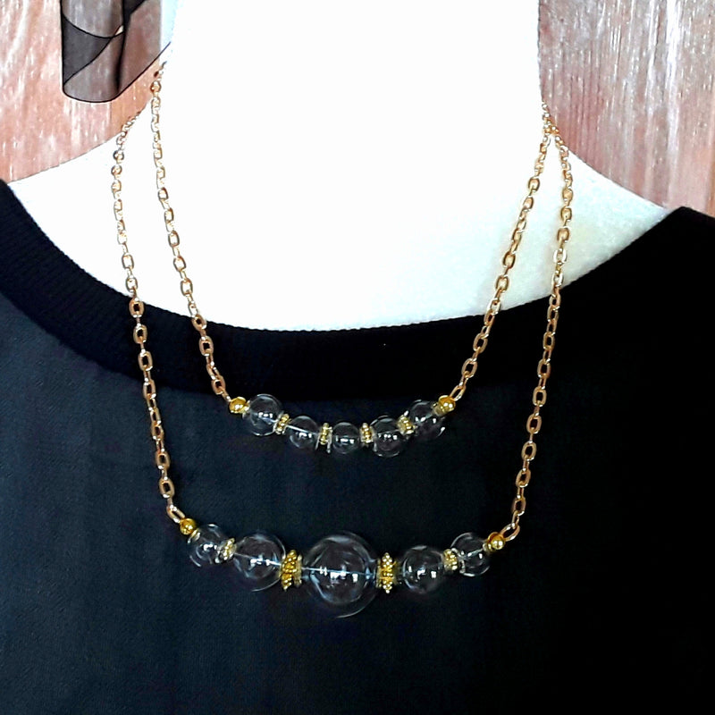 Layered Modern Hand Blown Glass Bubble Necklace Set in Gold or Silver Plate Chain