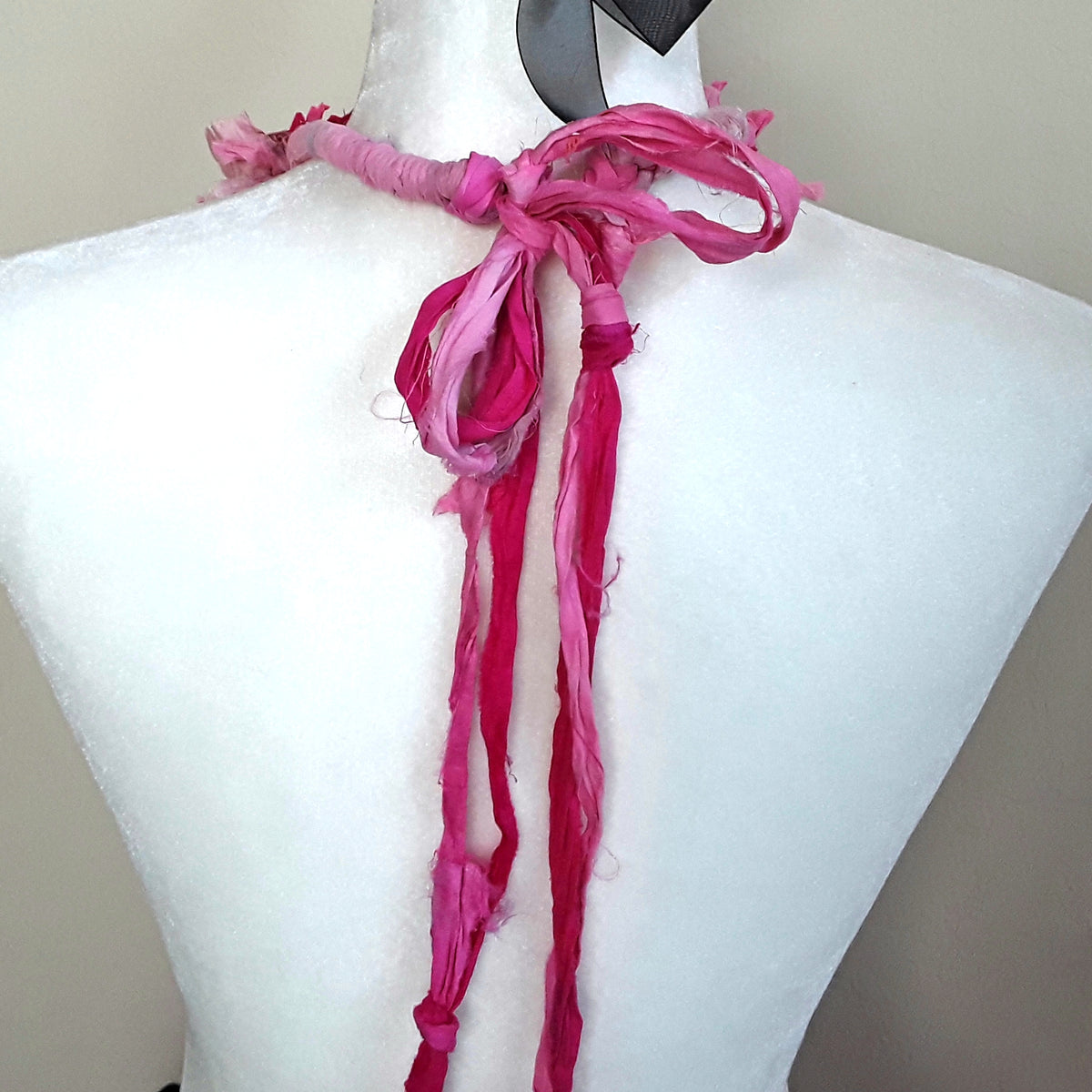 Pink Sari Statement Necklace, Silk Ribbon Boho Fabric Collar, Iris Apfel Wow Factor