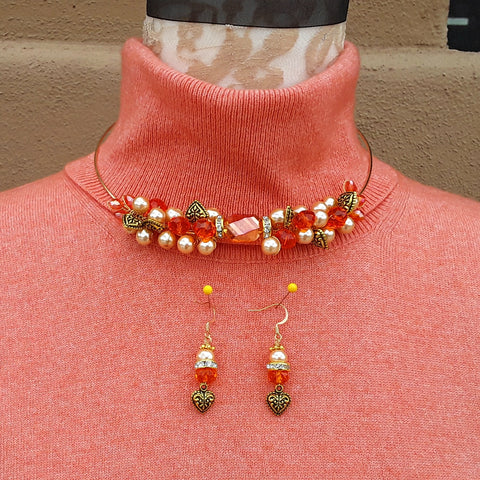 Orange Cluster Twisted Wire Crystal and Pearl Choker Set - Unique OOAK Gift for Her