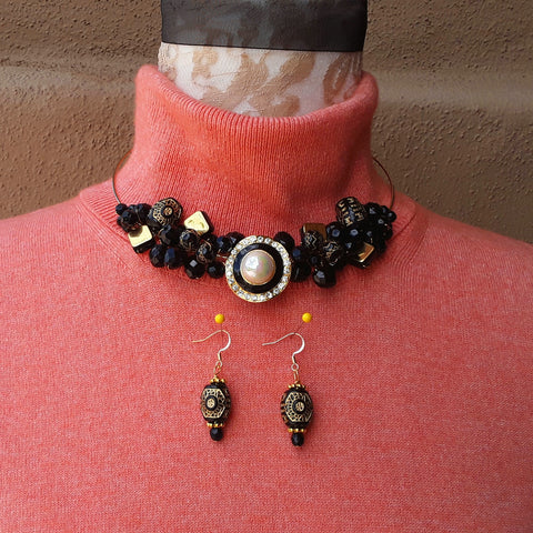 Art Deco Cluster Twisted Wire Black and Gold Choker Set - Unique Gift for Her