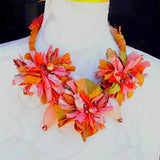 Boho Copper Sari Silk Ribbon Flower Statement Necklace - Gypsy Style Fabric Gift for Her