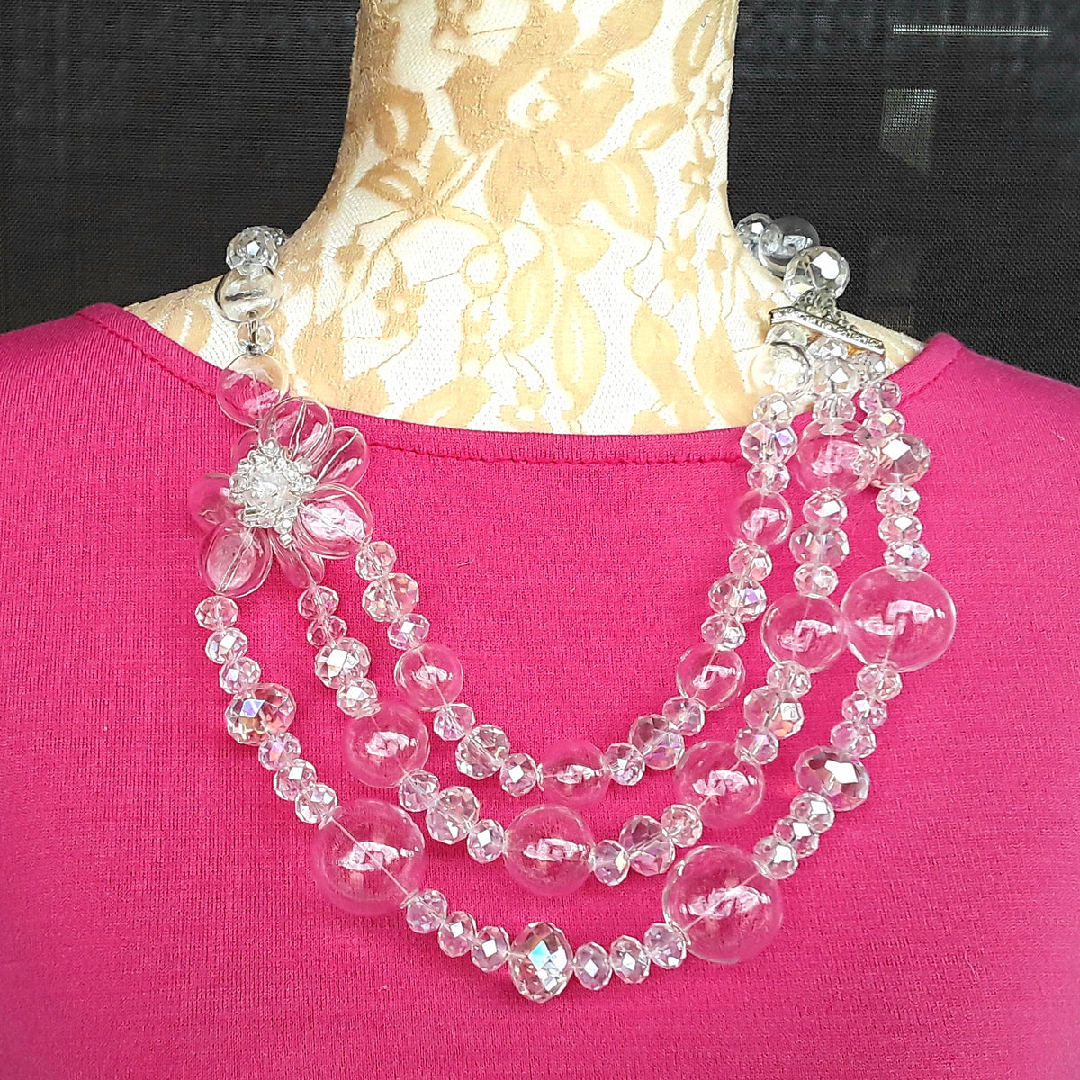 Hand Blown Clear Glass Beads Multi-Strand Statement Necklace, Chanel in Bubbles!!