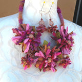 Boho Mauve Sari Silk Flower Statement Necklace - Unique Colorful Fabric Jewelry Gift for Her