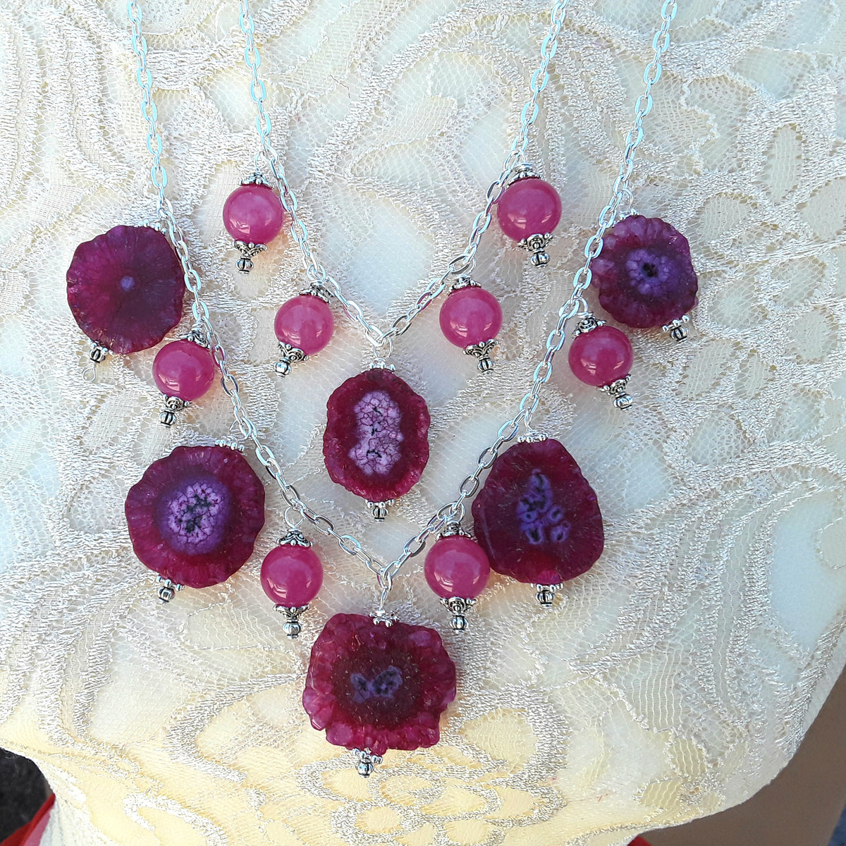Rose & Solar Quartz Multi Strand Statement Necklace, Unique Gemstone Gift for Her