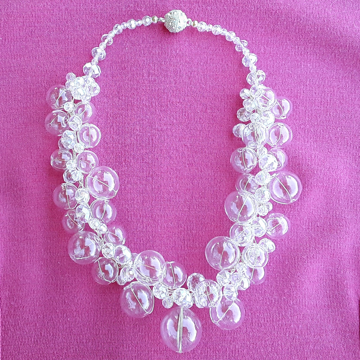 Bridal Hand Blown Glass and Crystal Twisted Wire Statement Necklace - Unique Gift for