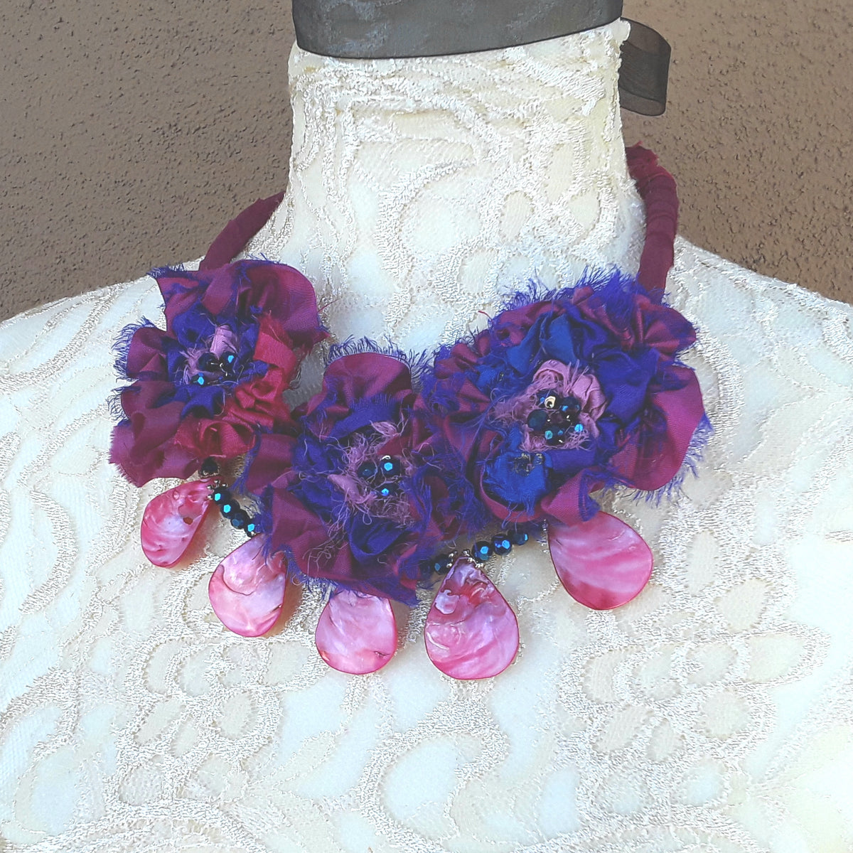 Shell Sari Ribbon Flower Multi-Strand Statement Necklace - Colorful Upcycled Boho Gift for Her