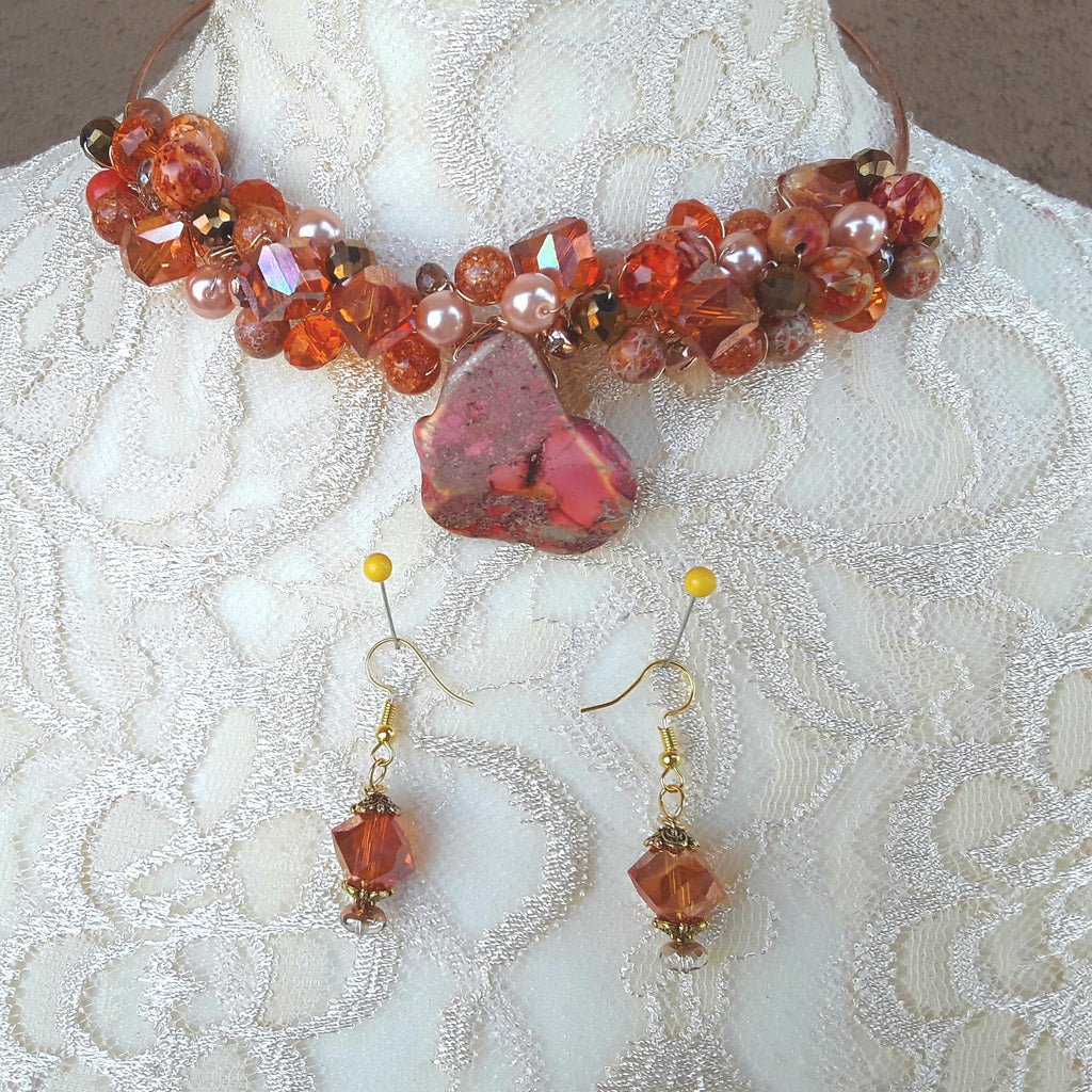 Cluster Burnt Orange Twisted Wire Jasper & Crystal Choker Set - Unique Gift for Her