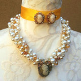 Bridal Cameo Statement Necklace Set, Pearl & Crystal Vintage Chunky Collar, Gift for Her