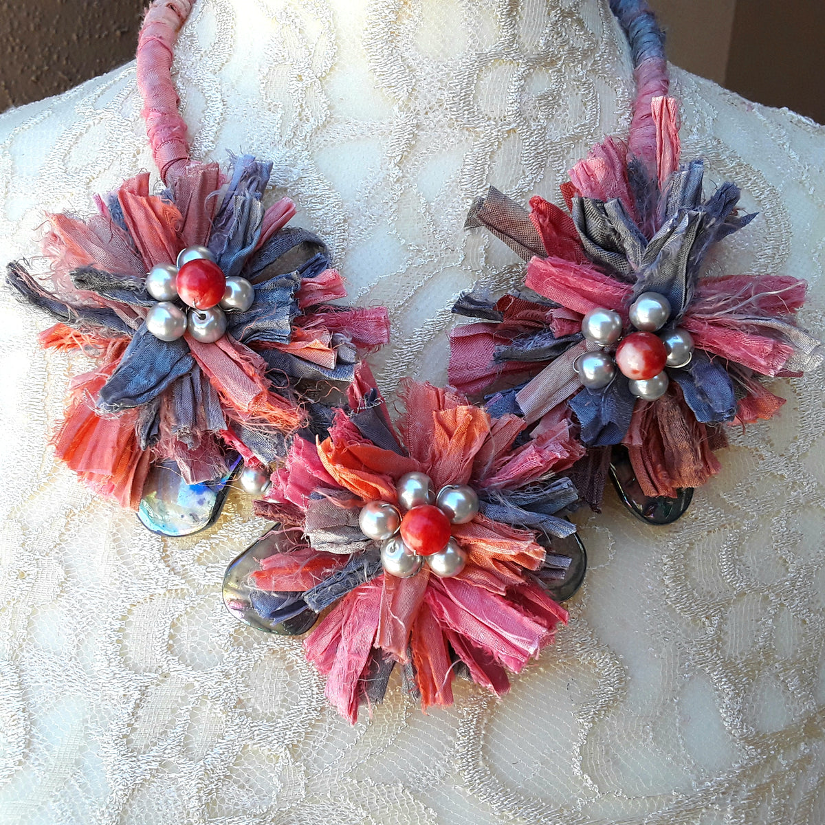 Shell and Sari Ribbon Flower Multi-Strand Statement Necklace - Colorful Upcycled Gift