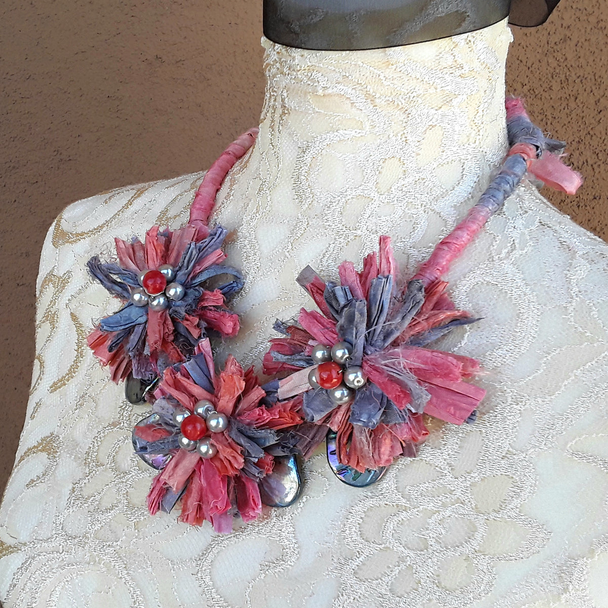 Shell and Sari Ribbon Flower Multi-Strand Statement Necklace - Colorful Upcycled Gift