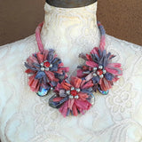 Shell and Sari Ribbon Flower Multi-Strand Statement Necklace - Colorful Upcycled Gift