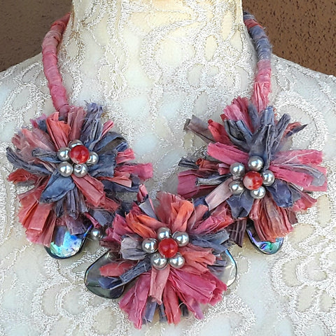 Abalone Shell Sari Ribbon Flower Multi-Strand Statement Necklace - Colorful Upcycled Boho Gift for Her