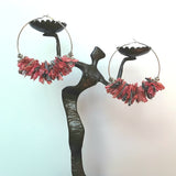 Huge Hoop Pink and Gray Silver Statement Earrings - Sari Silk Boho Fabric Earrings