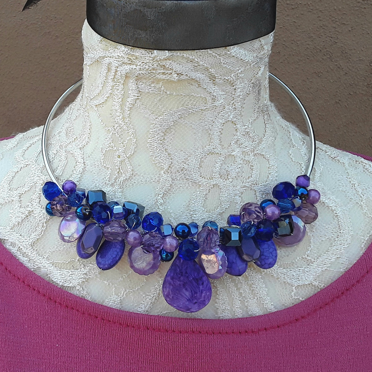 Purple Cluster Statement Wire Choker Set - Unique Holiday Crystal Necklace