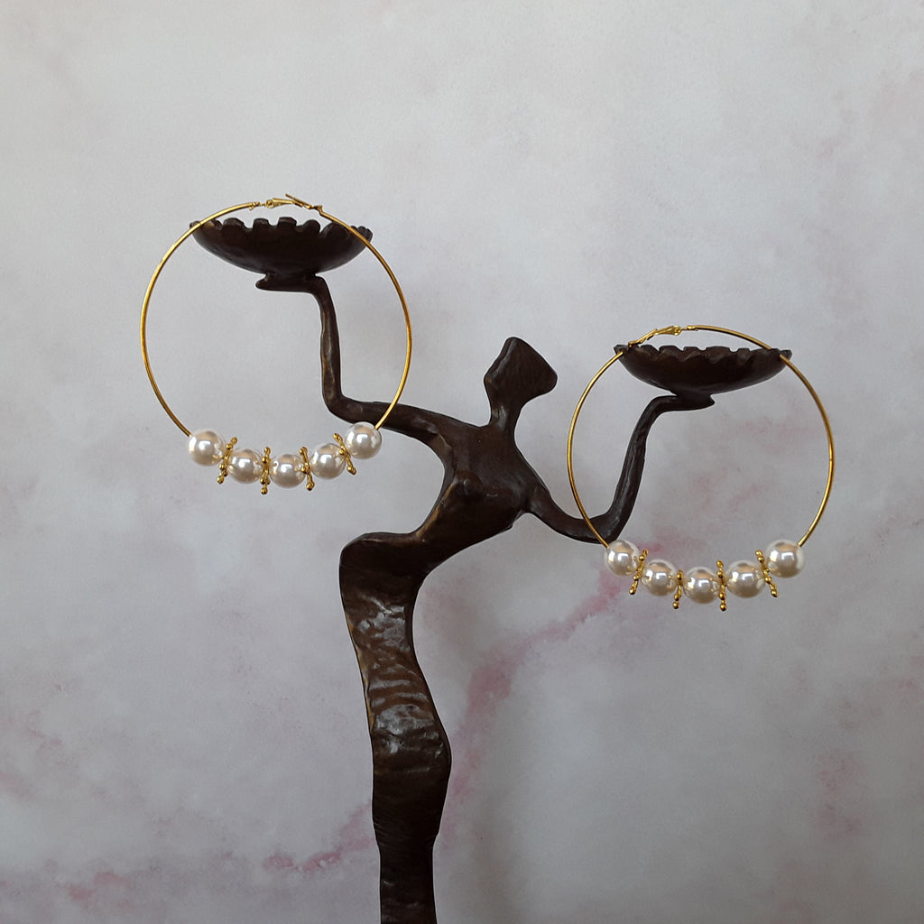 Huge Pearl Hoop 18K Gold Plated Statement Earrings, 2 Styles - Bridesmaid Gift