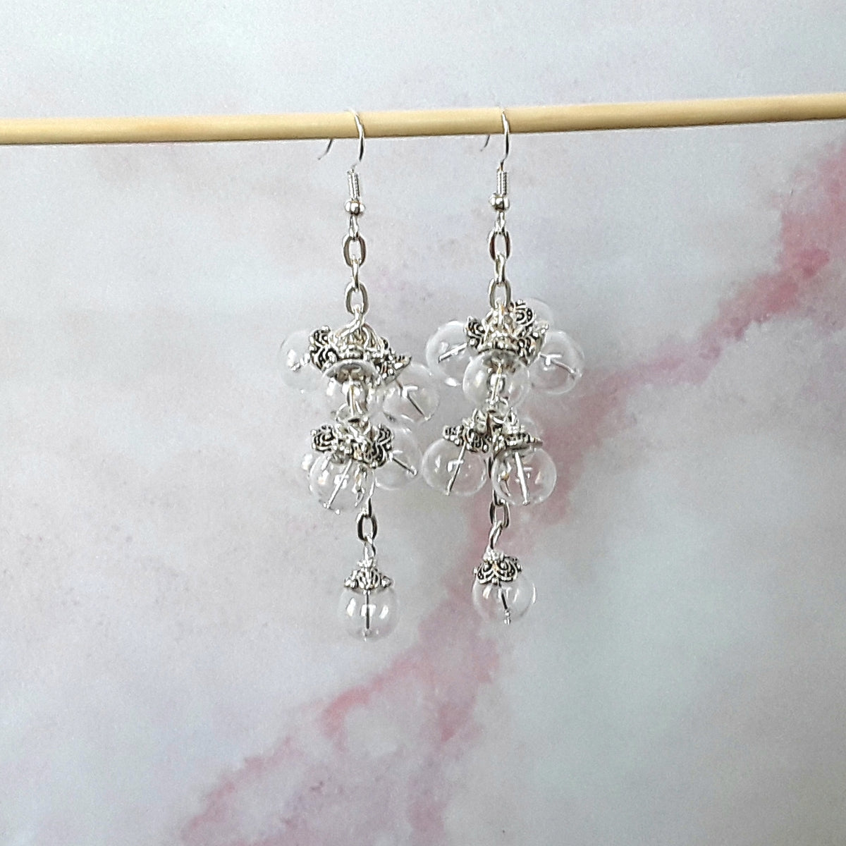 Clear Glass Bubble Chandelier Earrings in Gold or Silver - Unique Bridal Statement Dangles