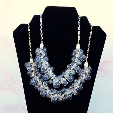 Clear Blown Glass & Crystal Statement Necklace in Gold or Silver Plated - Twisted Wire Cluster Bib