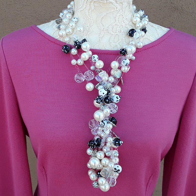 Black and White Pearl Statement Choker or Necklace, Multi-strand Crocheted Long Sautoir