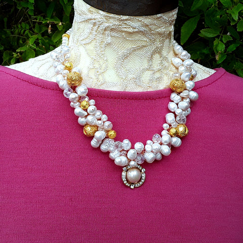 Freshwater Pearl Designer Inspired Vintage Statement Necklace - Unique Chunky Gift for Her