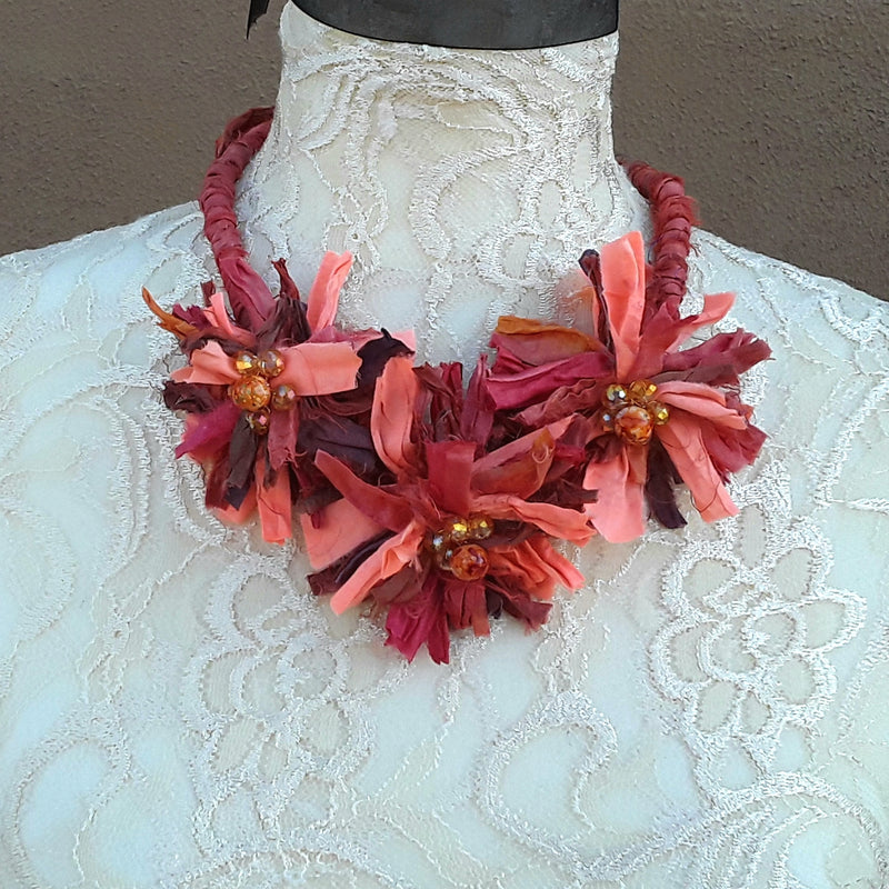 Burnt Orange Boho Flower Silk Ribbon Statement Necklace - Unique Gypsy Style Gift for Her