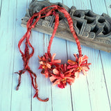 Burnt Orange Boho Flower Silk Ribbon Statement Necklace - Unique Gypsy Style Gift for Her