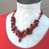 Unique Red Cluster Statement Necklace - Chunky Holiday Gift for Her - Colorful Twisted Wire Collar