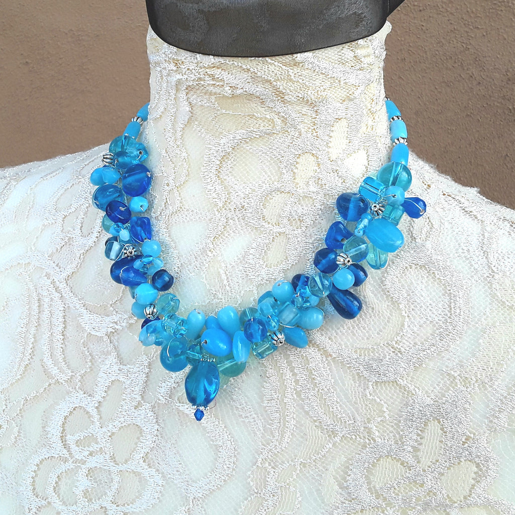 Sky Blue Designer Inspired Unique Statement Cluster Necklace - Chunky Colorful Gift for Her
